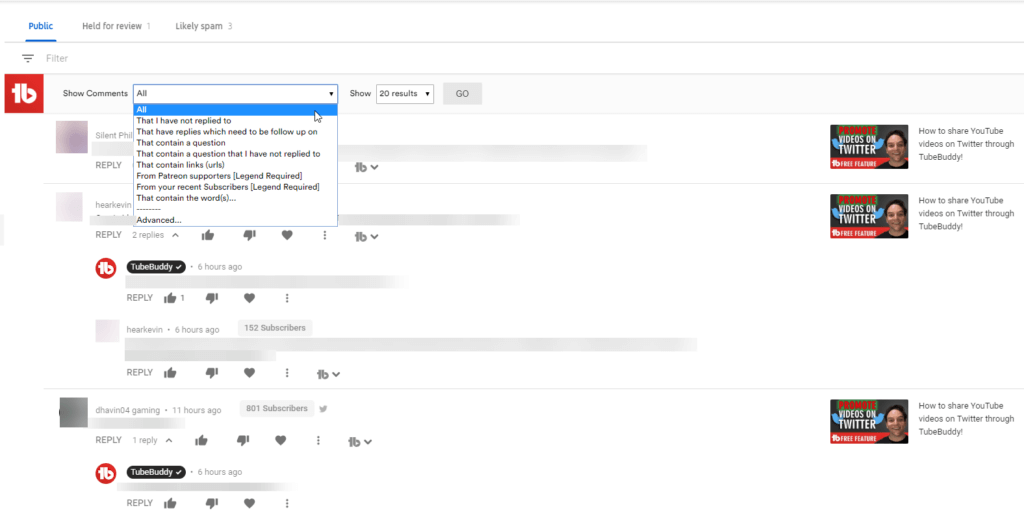 modération de commentaires tubebuddy